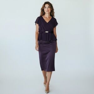Alfred Angelo‎ Eggplant 2 Pc Ruffle Jewel Top Chiffon Midi Skirt Womens 10/12